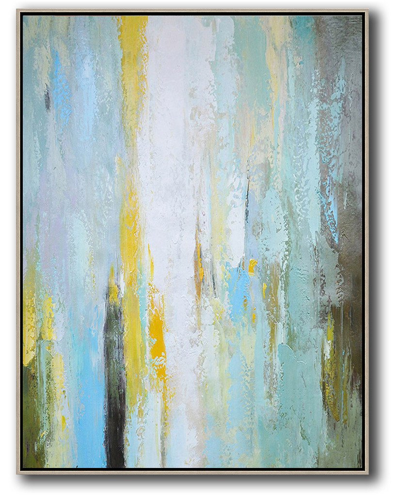 Large Modern Abstract Painting,Vertical Palette Knife Contemporary Art,Large Abstract Wall Art,Blue,White,Yellow,.etc